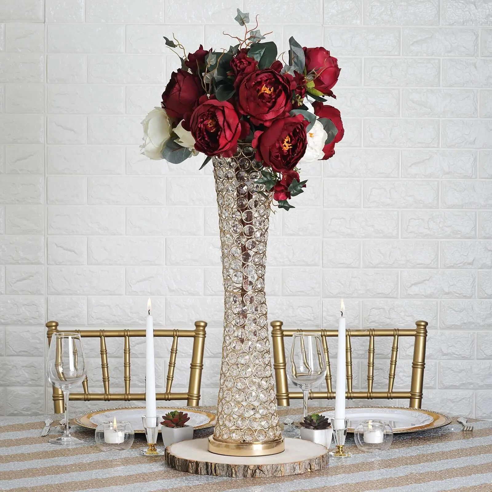 24" Metallic Gold Metal Hurricane Centerpiece with Crystal Beaded Design - Table Decorative Stand, Vase Decoration, Artistic Decorative Vases, Flower Arrangement Vase