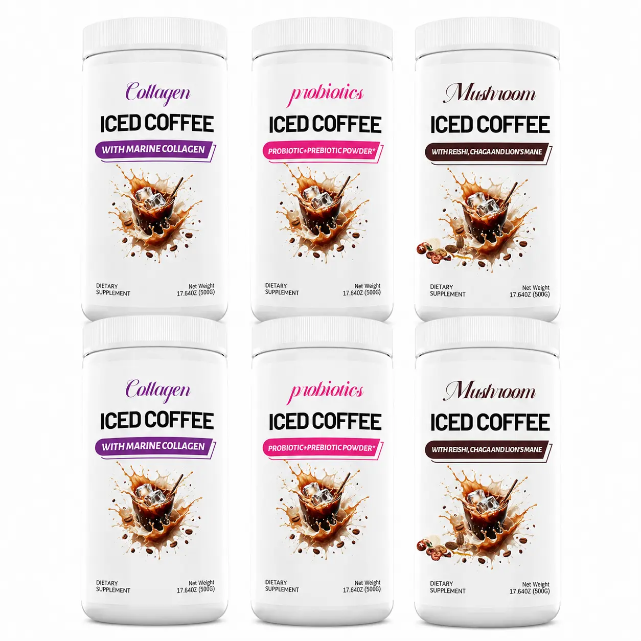 6 Pack Functional Iced Coffee Bundle – Probiotic + Prebiotic, Marine Collagen & Mushroom Coffee Powder, 500g Each