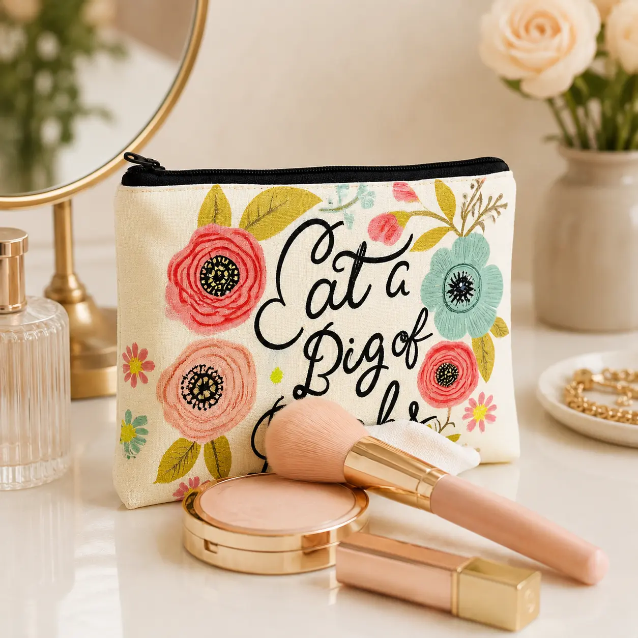 Floral-Print Synthetic Fabric Cosmetic Pouch - Home Supplies, Compact Layout, Lightweight, Stylish Dustproof Home Organizer Storage Bag with Zip Closure for Busy Travelers' Travel Use Makeup & Toiletry Needs