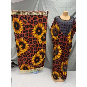 Women's Sunflower & Leopard Print Kaftan Dress with Matching Scarf - 2-Piece Boho Summer Clothes Outfit Set