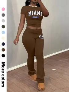 Women's Letter Print Top & Flare Leg Pants Two-piece Set, Casual Fashion Cozy Round Neck Top & Bell Bottom Trousers for Daily Outdoor Wear, Women's Clothing for Fall & Winter