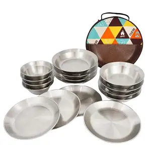 16pcs/Set Outdoor Tableware Set: Stainless Steel Barbecue Picnic Plates, Bowls, Dinnerware & Storage Bag - Perfect for Camping Mess Kits, Ramadan Supplies