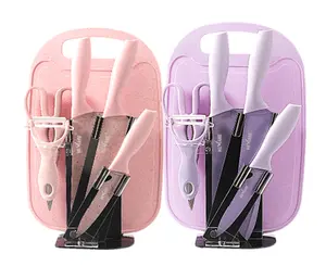 7 Piece Kitchen Cooking Knives Set / Juego de Cuchillos de 7 Piezas Tabla Para Cortar y Organizador Soporte Cutting Board Blade Nonstick Stainless Steel Chopping Ceramic Pink Purple With Display Stand