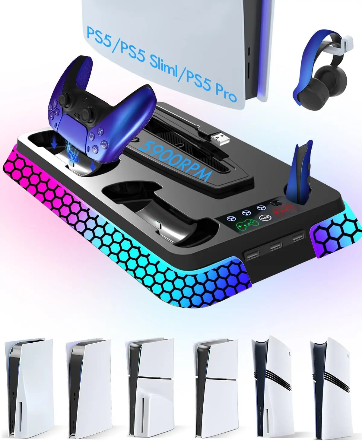 Pro Slim Cooling Station with RGB Lights,Stand Vertical Base Accessories with Silent 3-Level Cooling Fans, Dual Controller Charger and USB Hubs (Black)