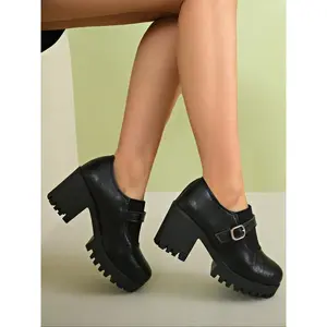 Women's Comfortable Classic High Heel Loafers, Wide Strap Fashion PU Casual Shoes, Durable Versatile Design for Work & Leisure Wear