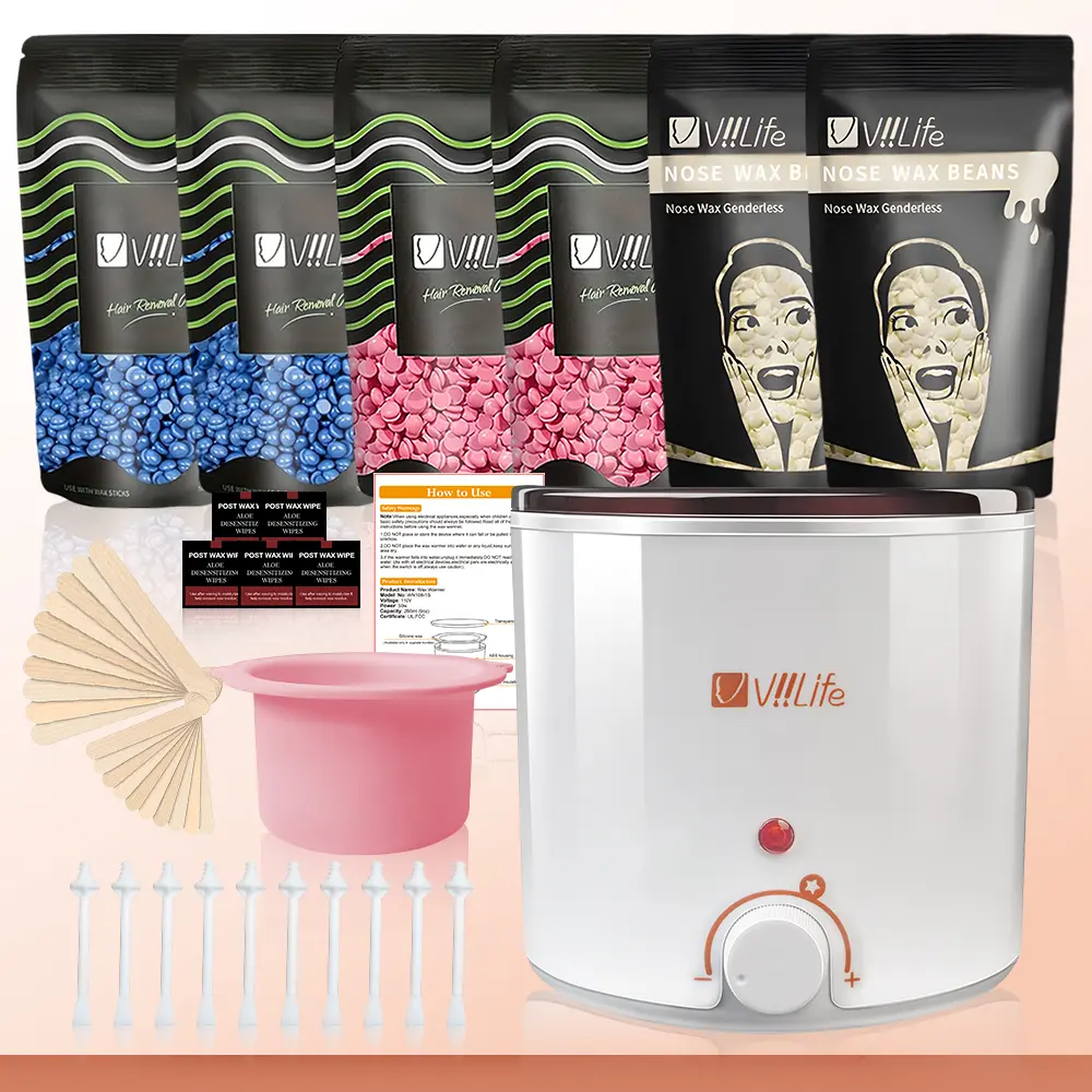Viilife Sensitive Skin Hair Removal Waxing Kit - Easy-to-Use Body Care Cosmetic Set with Pink Electric Heater, Hard Wax Beads for Face, Underarms, Smooth, Face/Legs/Armpits, Universal