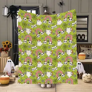 Soft Flannel Blanket with Ghost Rainbow Print, Cozy Sofa Throw for Bed Couch Office Camping Travel, Perfect Halloween Christmas Gift