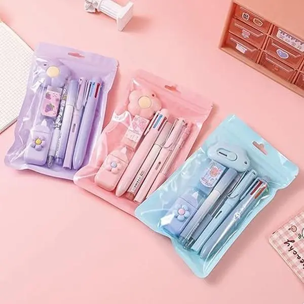7Pcs Kawaii Pastel Flower Stationery Set, Cute School Office Supplies Kit, Pens Eraser Correction Tape, Back to School & Birthday Gift