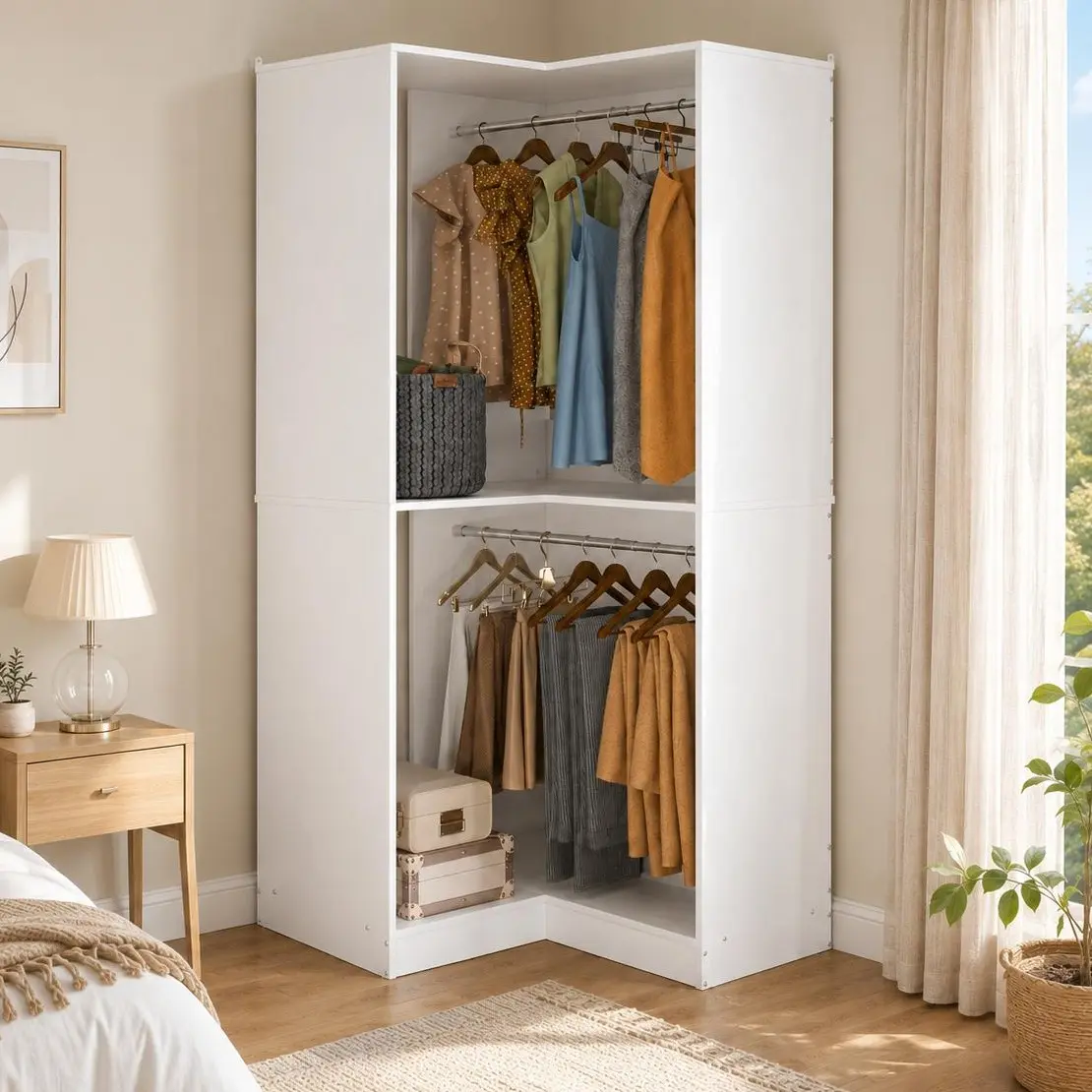 31"W Corner Closet System with 2 Hanging Rods,L-Shaped Freestanding Walk-in Closet Organizer with Storage Shelves,for Small Space,Apartment,Studio,Bedroom