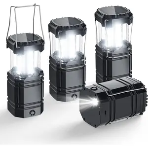 Solar Camping Lantern 4 Pack, Rechargeable LED Lantern with Flashlight, USB-C & Solar Powered, Collapsible Emergency Lights for Hurricane, Power Outages, Outdoor Use