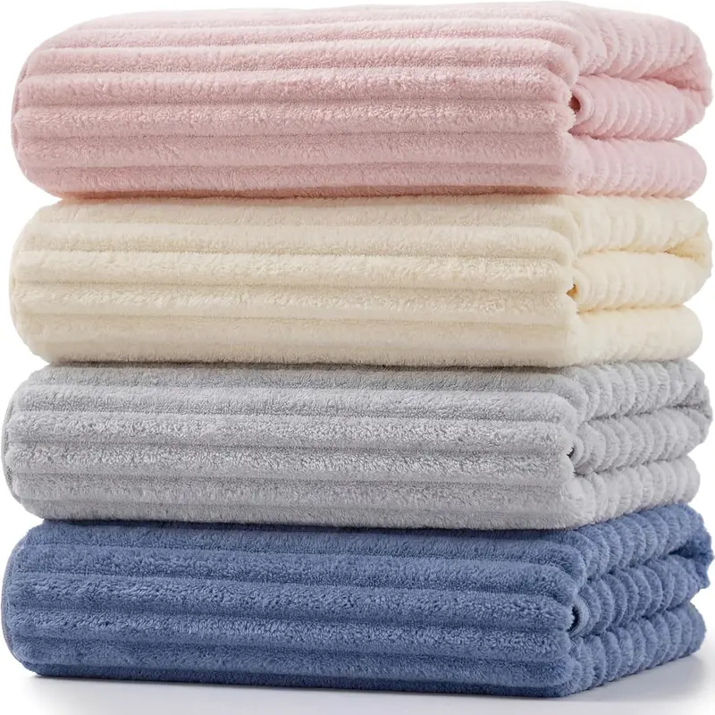AMA SNOW 4-Piece Oversized Coral Fleece Bath Towels (27.6" x 55.1", 27.6 inches) - Adult Bath Must Haves, Anti-Shrink, Anti-Static Soft, Quick-Dry, Striped, Luxury Plush, Unisex, Fade-Resistant, Washable, Hang-Dry, Reusable, Warm Bathroom Towels