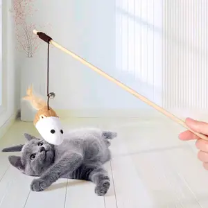 Interactive Cat Teaser Toy - Feather, Bell, & Mouse on a Wooden Stick