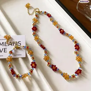 Women's Adjustable Polished Alloy Choker Necklace - Dainty Colorful Beaded Flower Accents, Unisex Dopamine Aesthetic Jewelry, Mother's Day Gift for Her, Mother's Day Gifts