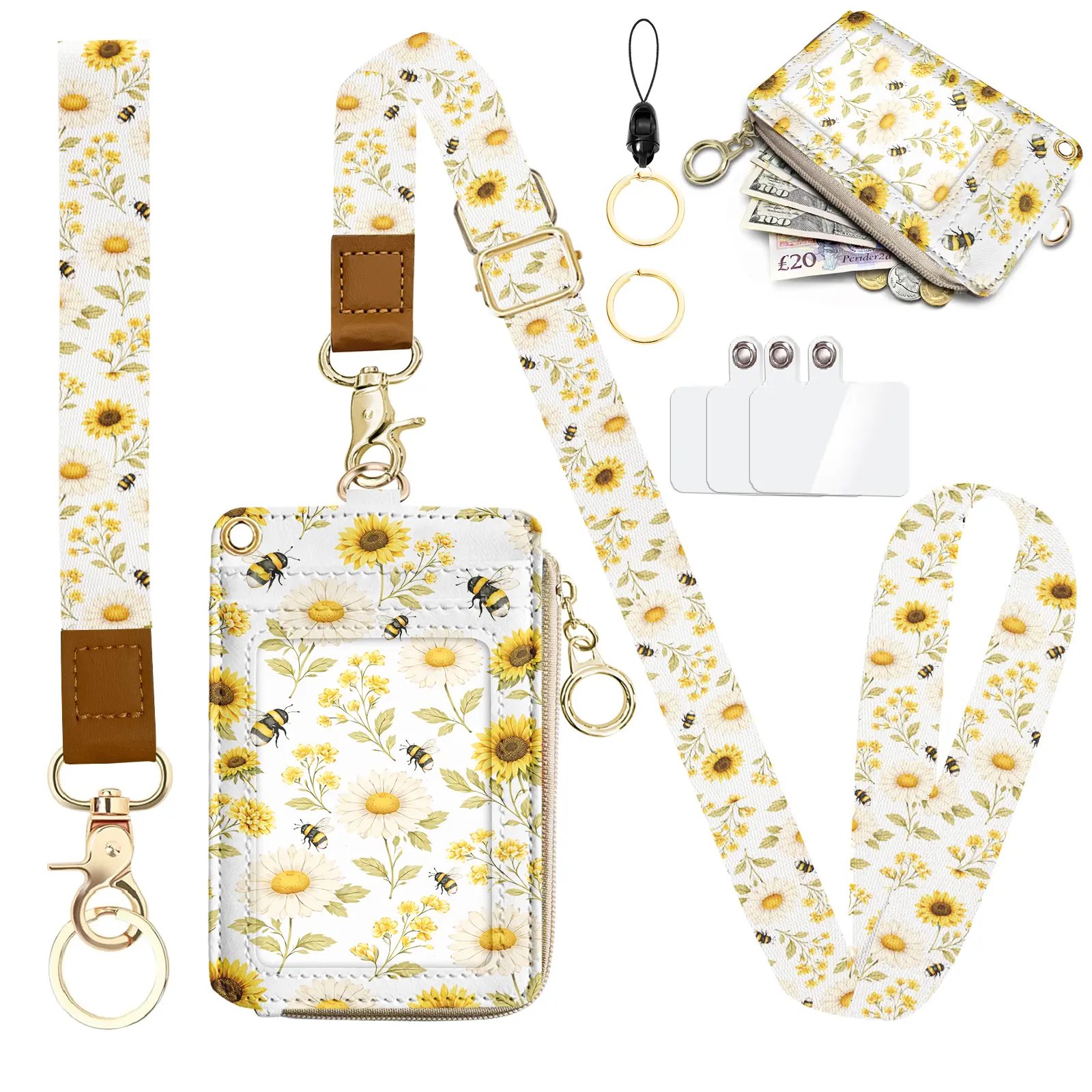 Lanyard Wallet with ID Badge Holder, Small RFID Wallet Women Keychain Wristlet, Leather Credit Card Holder with Zipper Pocket Phone Lanyard Wrist Strap Office Business School,Bees