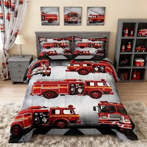 Fire Truck Comforter Set Red Fire Engine Duvet Insert Cartoon Firemen Car Vehicle Bedding Set for Kids Boys Teens Firefighter Transportation Dowm Comforter