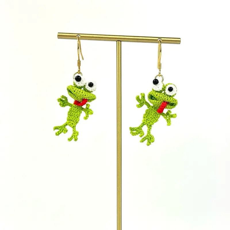 Micro crochet goofy tongue-out frog earrings/ silly frog earrings