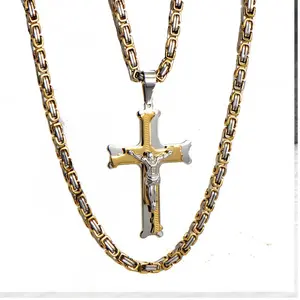 Men’s 14K Gold-Plated Stainless Steel 2-Tone Cross Crucifix Pendant Necklace with Byzantine Chain, Bold Christian Jewelry Gift for Men
