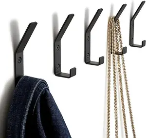 Decorative Coat Hooks For Wall Mount Set of 5 - Stylish and Sturdy Black Metal Double Hooks Are Perfect To Hang Your Jackets, Towels Or Hats - A Modern Addition To Any Farmhouse or Minimal Home Decor