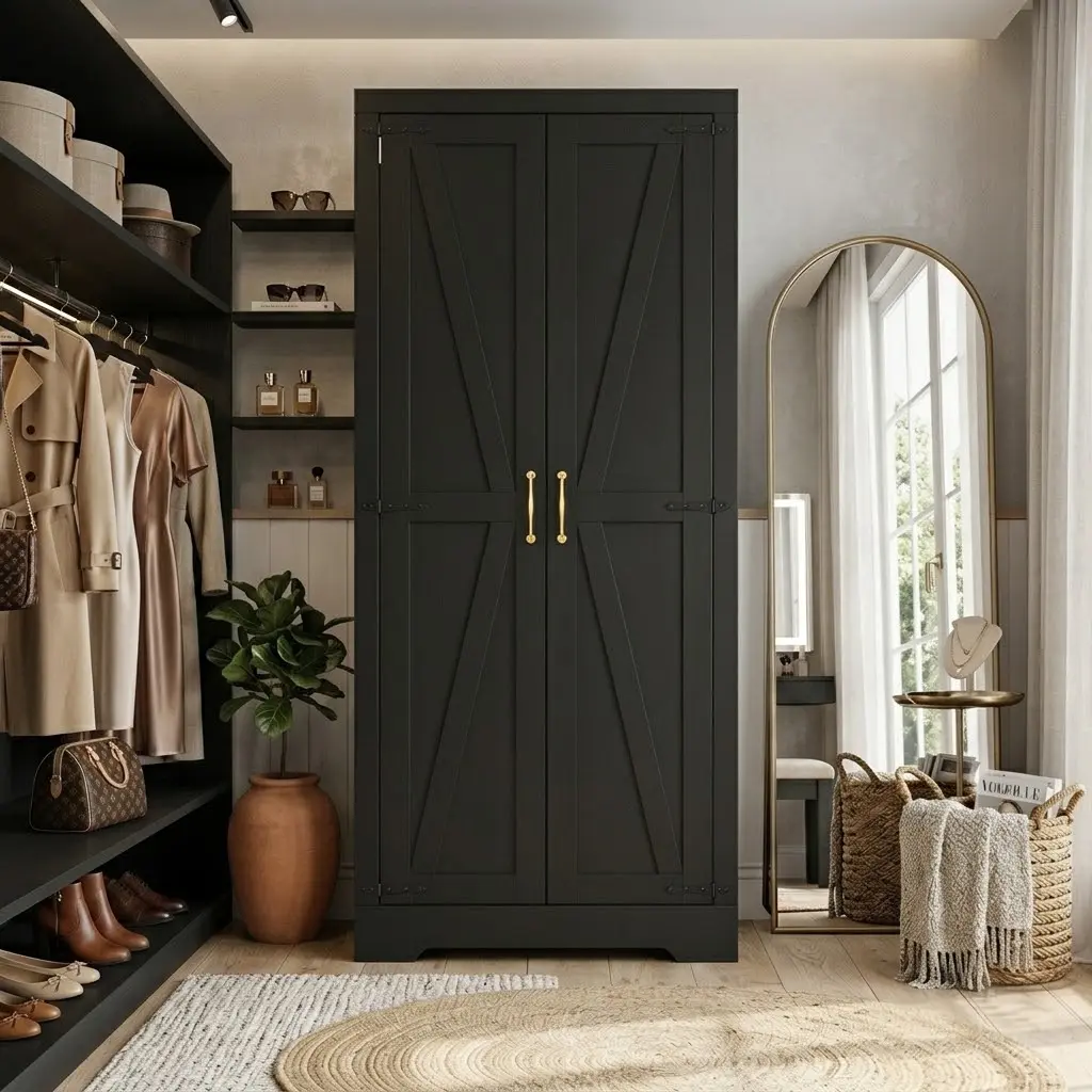 Farmhouse Double-Door Barn-Style Freestanding Wardrobe Closet Armoire Cabinet for Bedroom