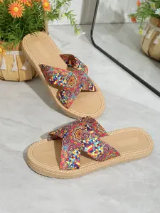 Boho Style Cross Strap Sandals, Colorful Totem Print, Eva Foam Sole, Lightweight & Comfortable, Ideal for Beach & Home Use