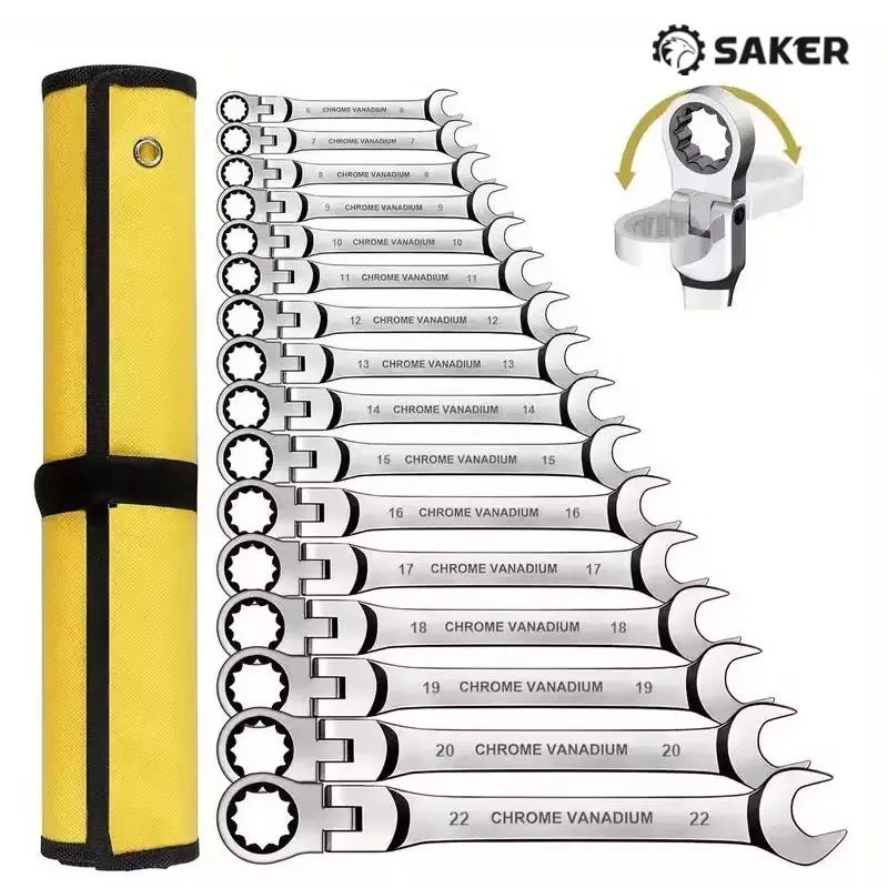 Saker Flex Head Ratcheting Wrench Set, Flexible Head Ratchet Wrench Set with Reversible Ratchet, Portable Hand Tool Kit for Auto Repair, Home Maintenance & DIY Projects