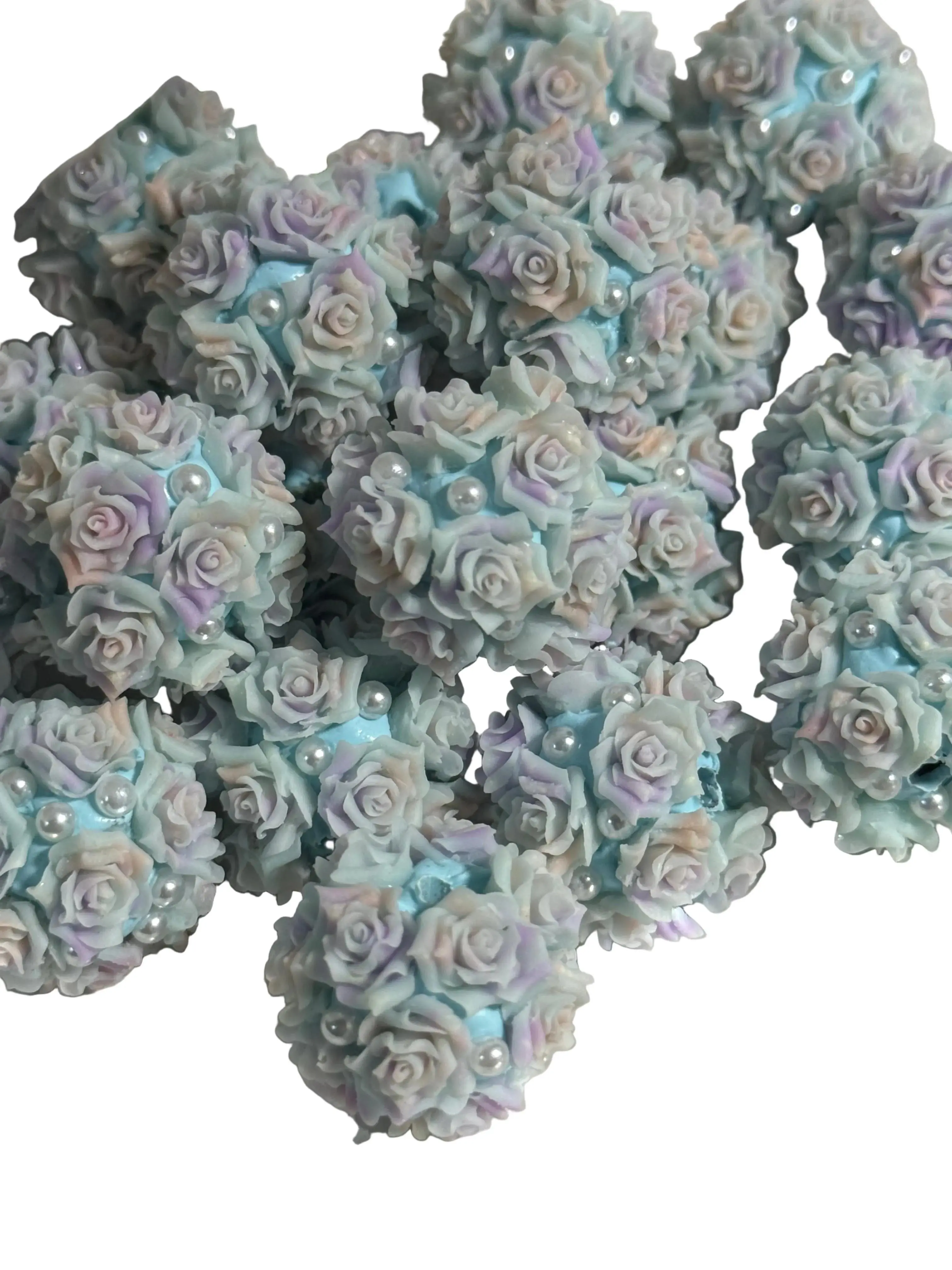 R132- (5PCS) 21mm Round Pastel W/ Multicolored Roses W/ Pearls Clay Beads for DIY