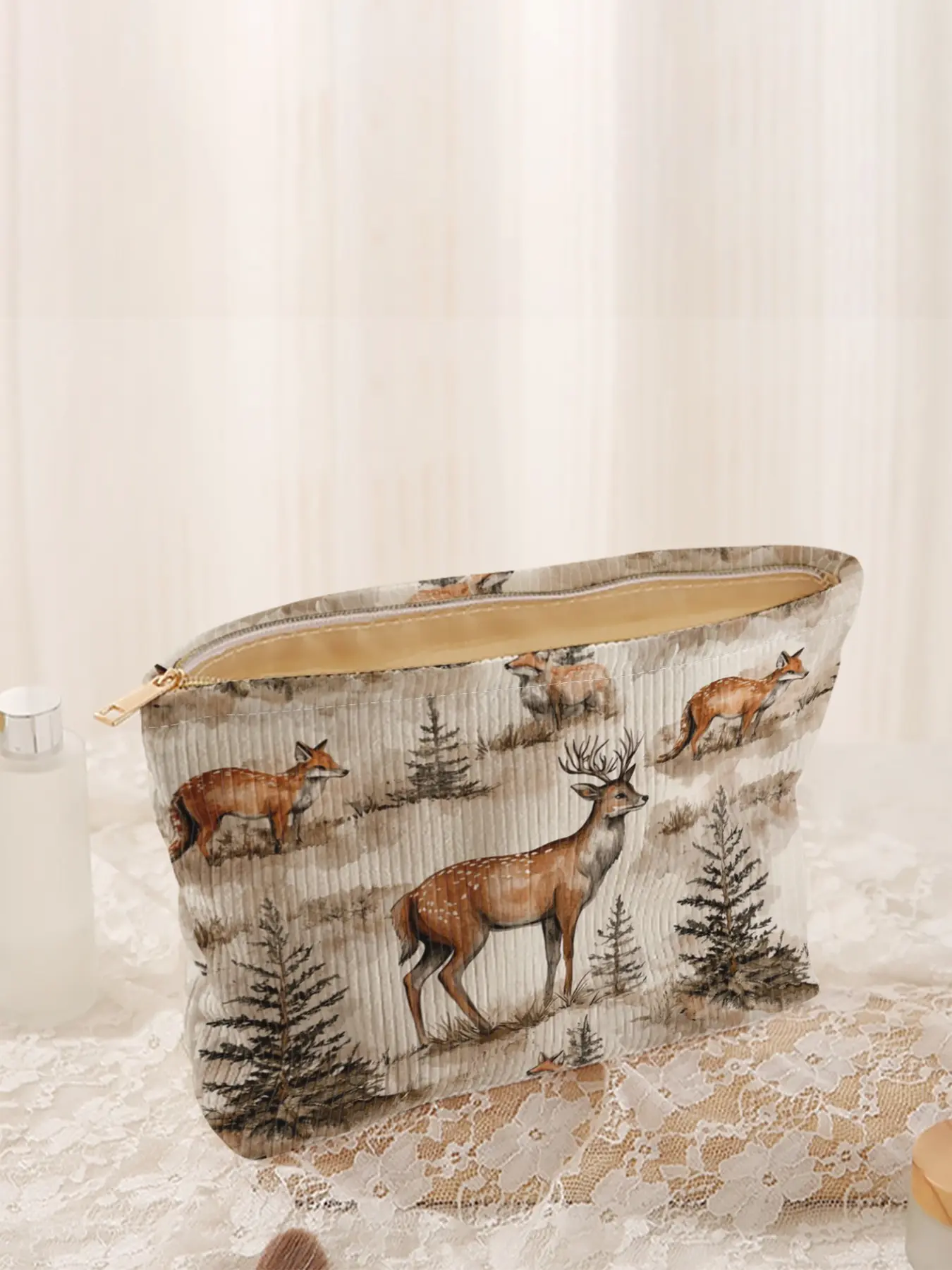 Deer Print Corduroy Makeup Bag, Cartoon Style, Cute Lightweight  Multi-Functional Fashion Casual Cosmetic Pouch, Travel Organizer, Cosmetic  Storage - TikTok Shop