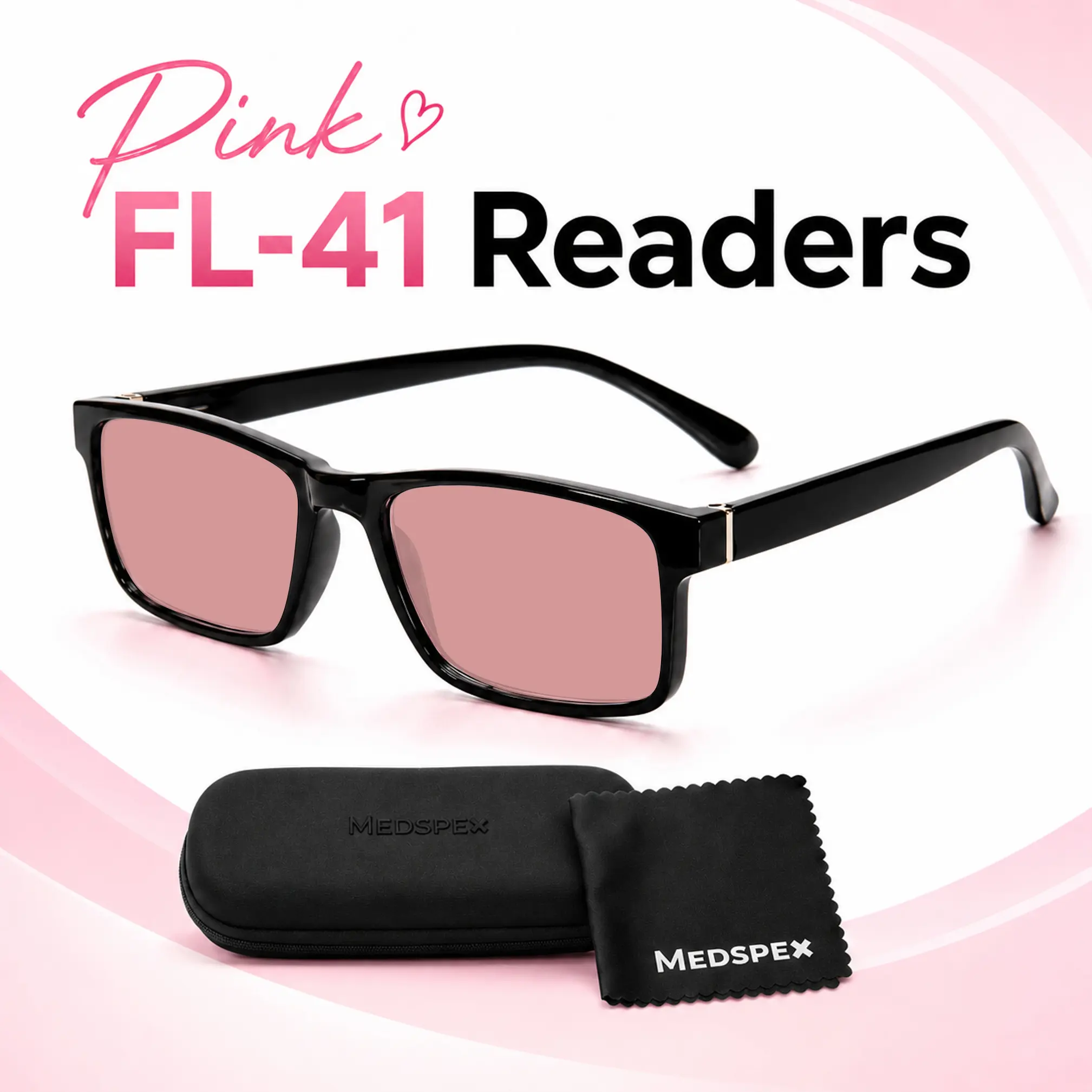 FL-41 Pink Tinted Reading Glasses for Light Sensitivity, Unisex Full Rim Frame for Daily Wear and Working on Computers - Black