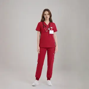 Women's Medical Scrub Set V Neck Short Sleeve Top & Jogger Pants Uniform Stretch Slim Fit Nurse Scrubs Multi Pocket Hospital Workwear
