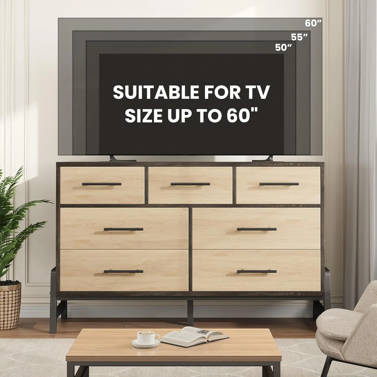 7-Drawer Polished Engineered Wood Makeup Vanity Dresser - Stylish, Drawer-Equipped, Wood-Accent, Modern, Stand-Alone Makeup Vanities, Country Chic, 25mm Waterproof Top, Solid Legs, Easy Setup, Indoor Furniture, Stylish Makeup Vanities