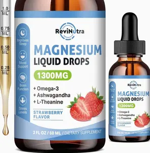 Triple Magnesium Complex Liquid Drops, 1300mg Magnesium Glycinate, Taurate & Citrate with Omega3, L-Theanine, Ashwagandha, Potassium, D3, B6, B12 for Calm, Sleep, Muscle, Strawberry Flavor, 2 Fl OZ