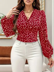 Women's Casual Cute Heart Print Long Sleeve Top, Elastic Cuff Design, Back Waist Gathered Fit, Perfect for Daily Wear & Leisure Activities