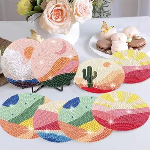 6Pcs Diamond Painting Coasters with Holder, Abstract Landscape Diamond Art Coasters Diamond Small Painting Kits for Beginners, Adults Art Craft Supplies