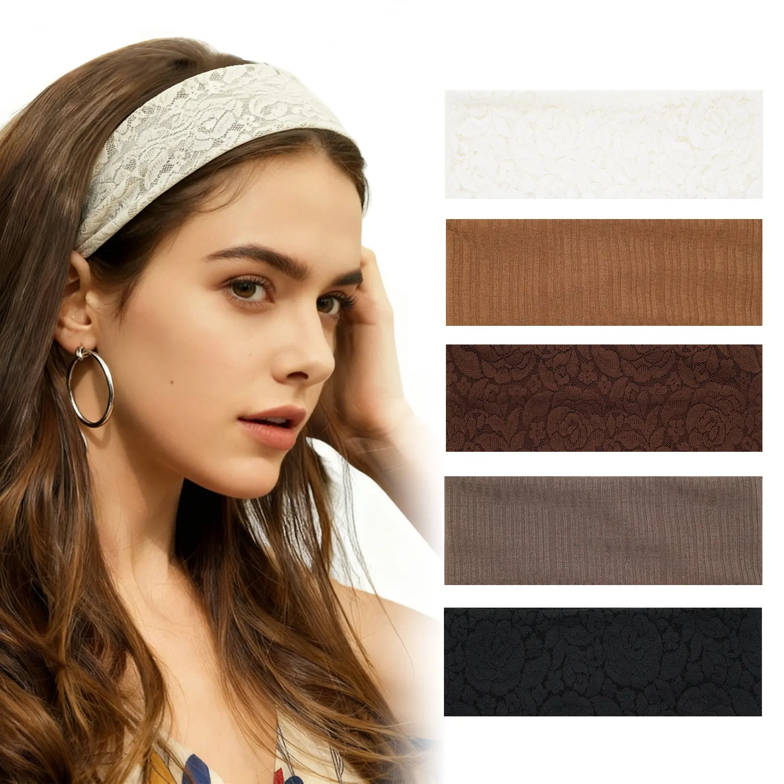 Aranya Elegant Floral Lace Headbands for Women 5pcs – Decorative Soft Stretchy Fabric Hair Accessories for Weddings, Parties & Romantic Styling