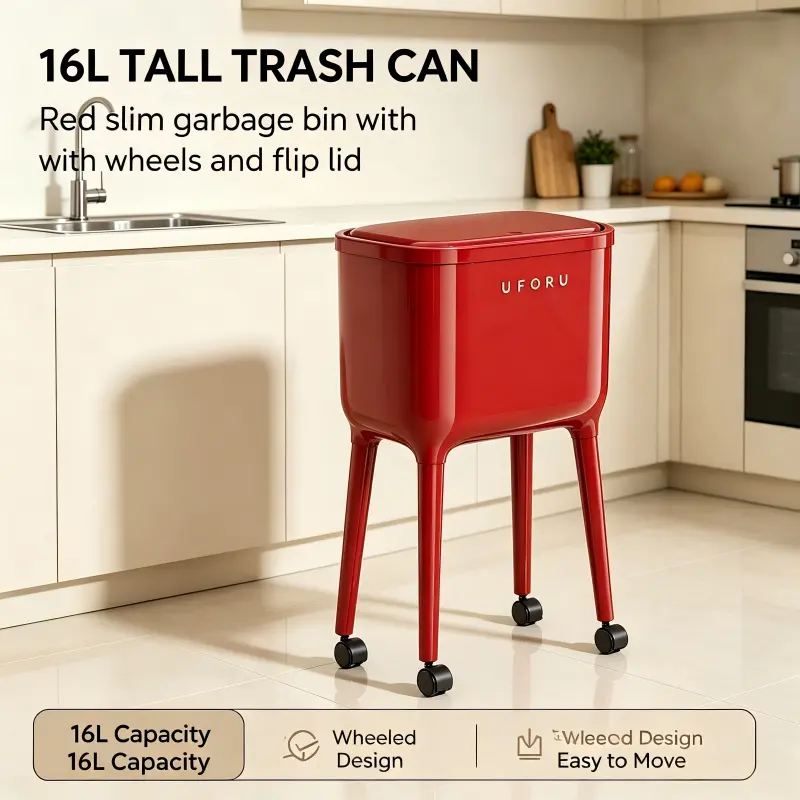 16L Tall Slim Rolling Trash Can with Flip Lid, 360° Rotating Wheels, Elevated Red Odor-Blocking Garbage Bin for Kitchen, Dining Room