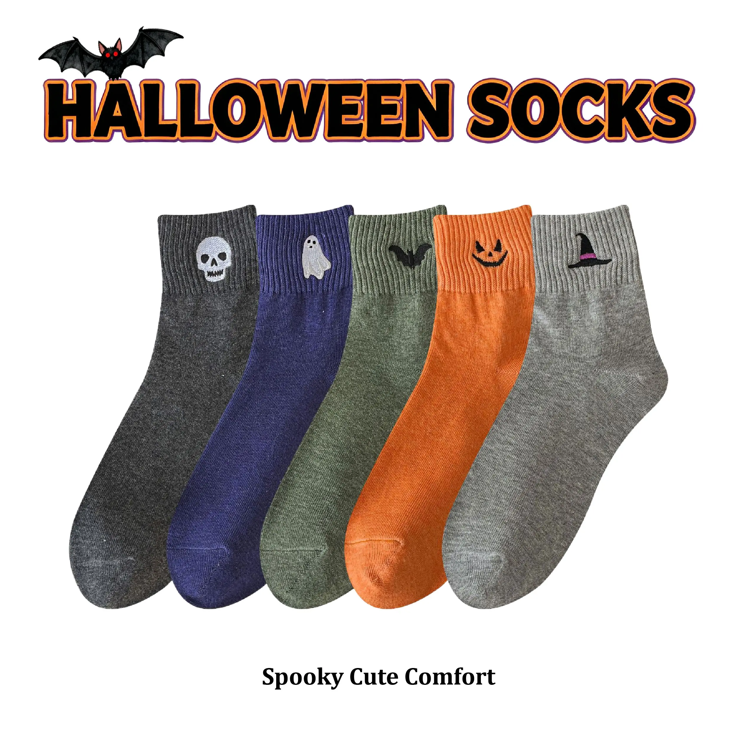 Cute Halloween socks 5-pack Fun embroidered ankle socks with pumpkin ghost bat and skull designs Suitable for both men and women Perfect for everyday wear dates photoshoots and parties