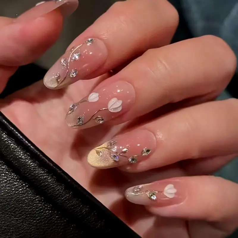 3D Cat Eye Glitter Removable Ice Flower French Style Nail Tips, Fake Nails, Glitter Decorative Nails, 30 Pieces Glossy Finish Medium Length Fashionable Nail Art for Girls