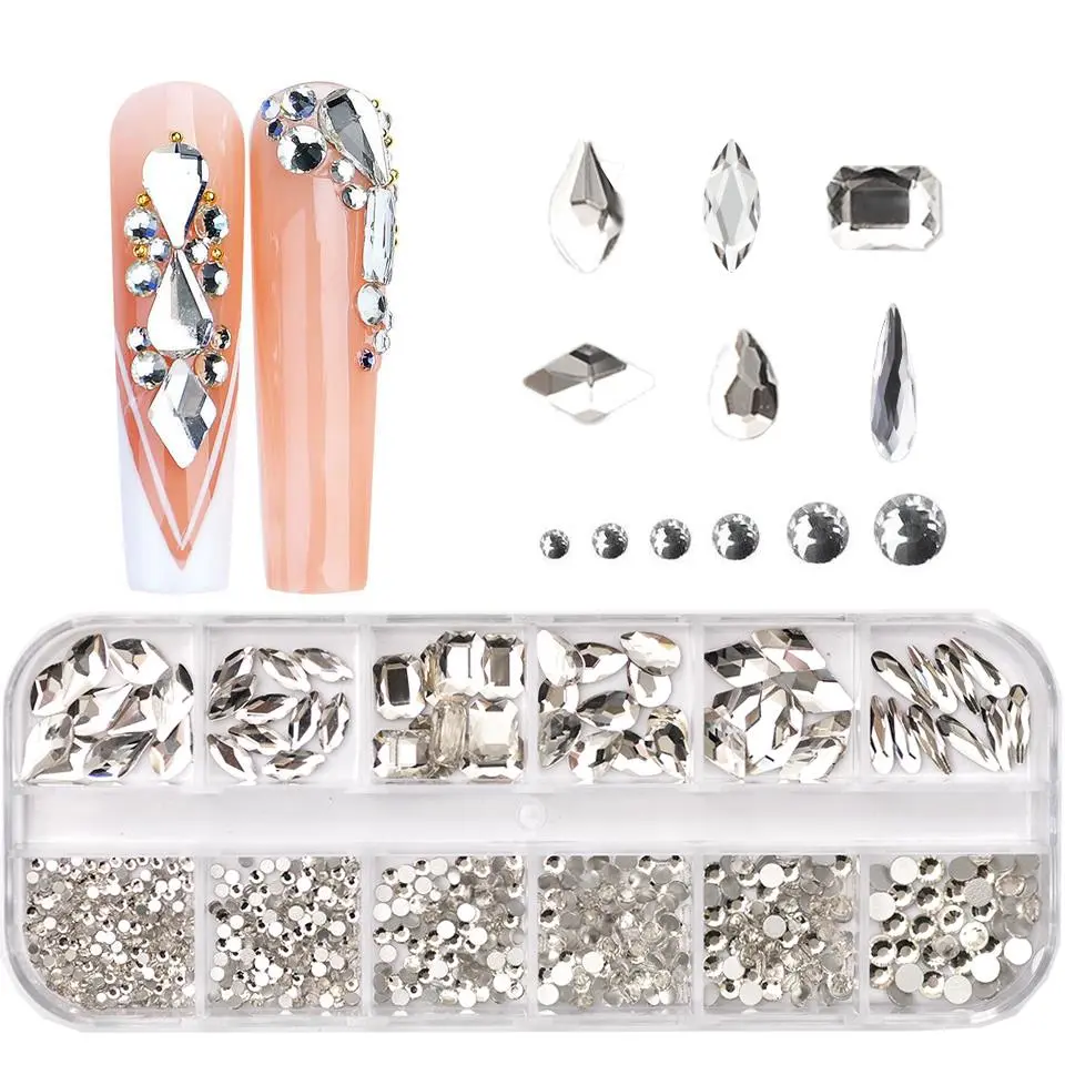 12 Grids Clear Mixed Sizes Nail Art Rhinestones Crystal 3D Glitter Non fix Diamond Decoration Nail Parts Accessories