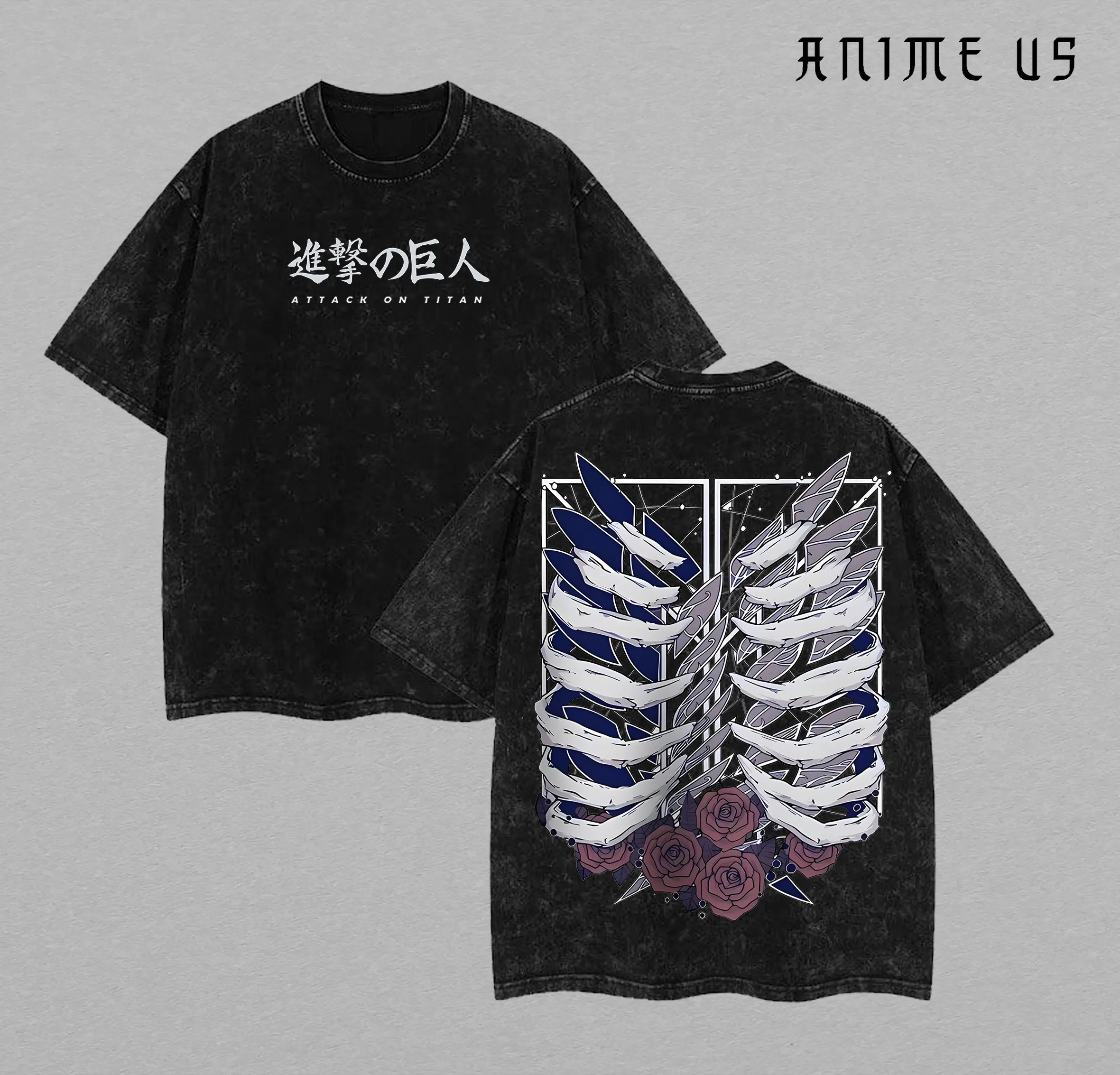 Retro Heavy Limited "Ribcage Inspired" Attack On Titan Anime Double Printed Vintage Washed Tee Unisex Oversize Anime Manga Washed Heavyweight Cotton T-shirt, Gift For Anime Fan