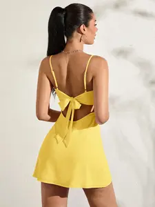 Cute Pink Sexy Hollowed-Out Backless Bow Tie Strap A-Line Flare Dress For Women, Summer sabrina yellow heart sundress gown bachelorette windey gabby