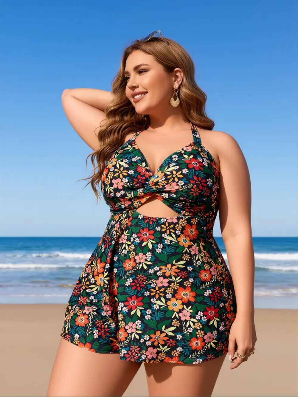Women's 2026 Summer Backless Slimming Printed Halter 1-Piece Swimsuit - Cami Dress-Inspired, Sleeveless, Strappy, Printed Pattern, for Beach Pool Use, Female, Body Hugging