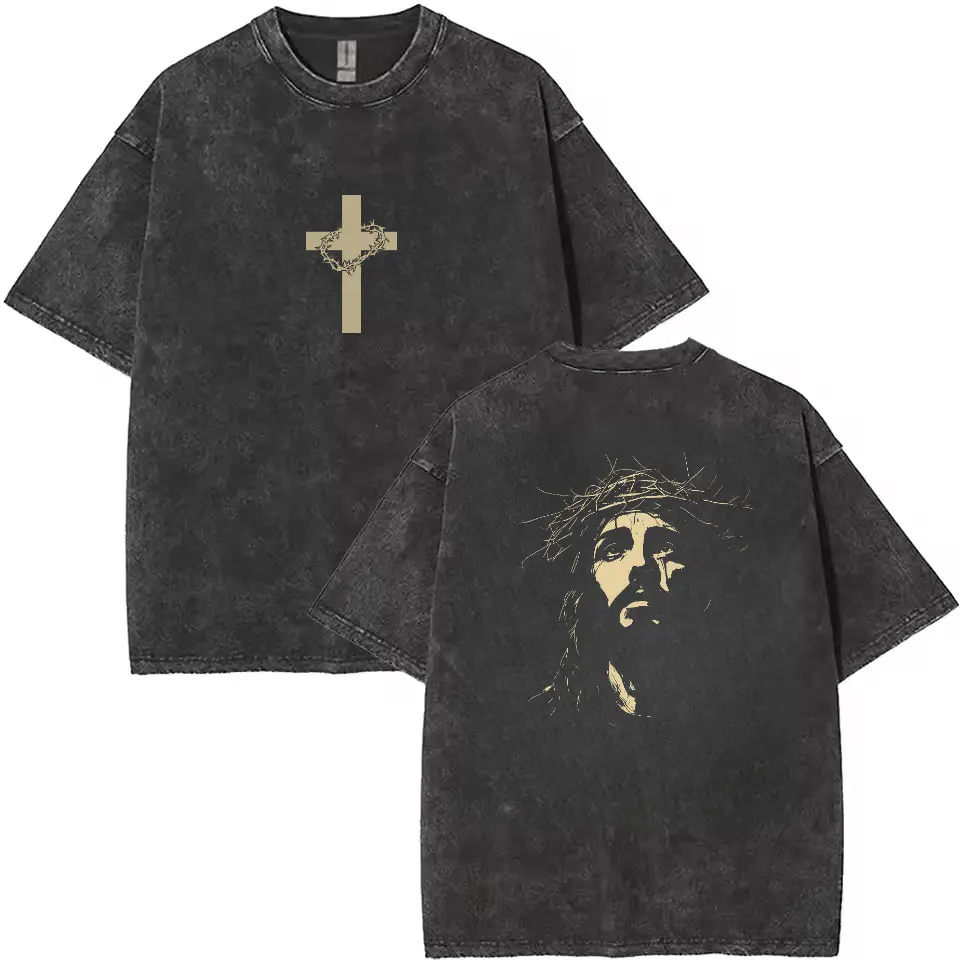 Jesus Crown of Thorns Washed Tshirt, God Apparel Tee, Easter T-Shirt, Jesus T-Shirt, Easter Streetwear, Christian Apparel Graphic Tees, Gym Pump Cover Crewneck Relaxed Fit