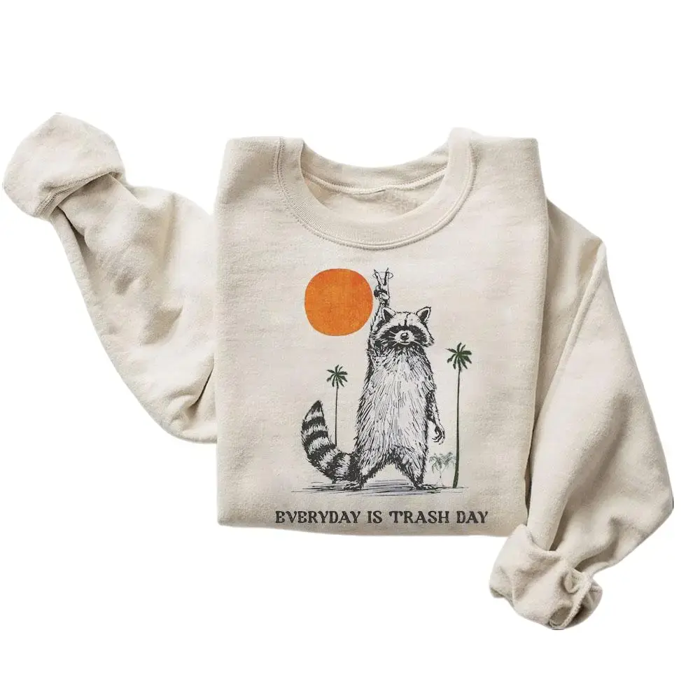Everyday is Trash Day Sweatshirt, Unisex Funny Raccoon Vintage Graphic Pullover, Casual Cotton Blend Long Sleeve Tops
