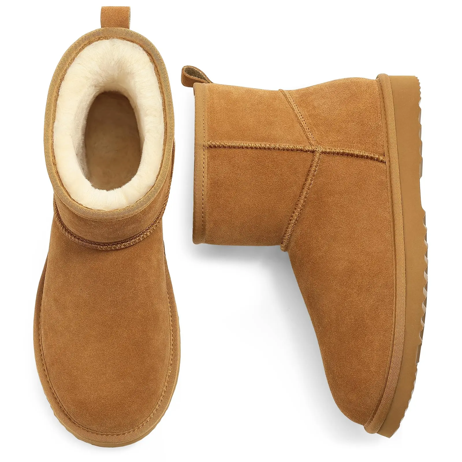 【Litfun】 Women's Classic Suede Ankle Snow Boots - 100% Genuine Suede Upper, Thick Faux Fur Warm Plush Lining, Non-Slip Wearproof Rubber Sole, Slip-On, Round Toe, Durable for Outdoor Cold Weather Warmth