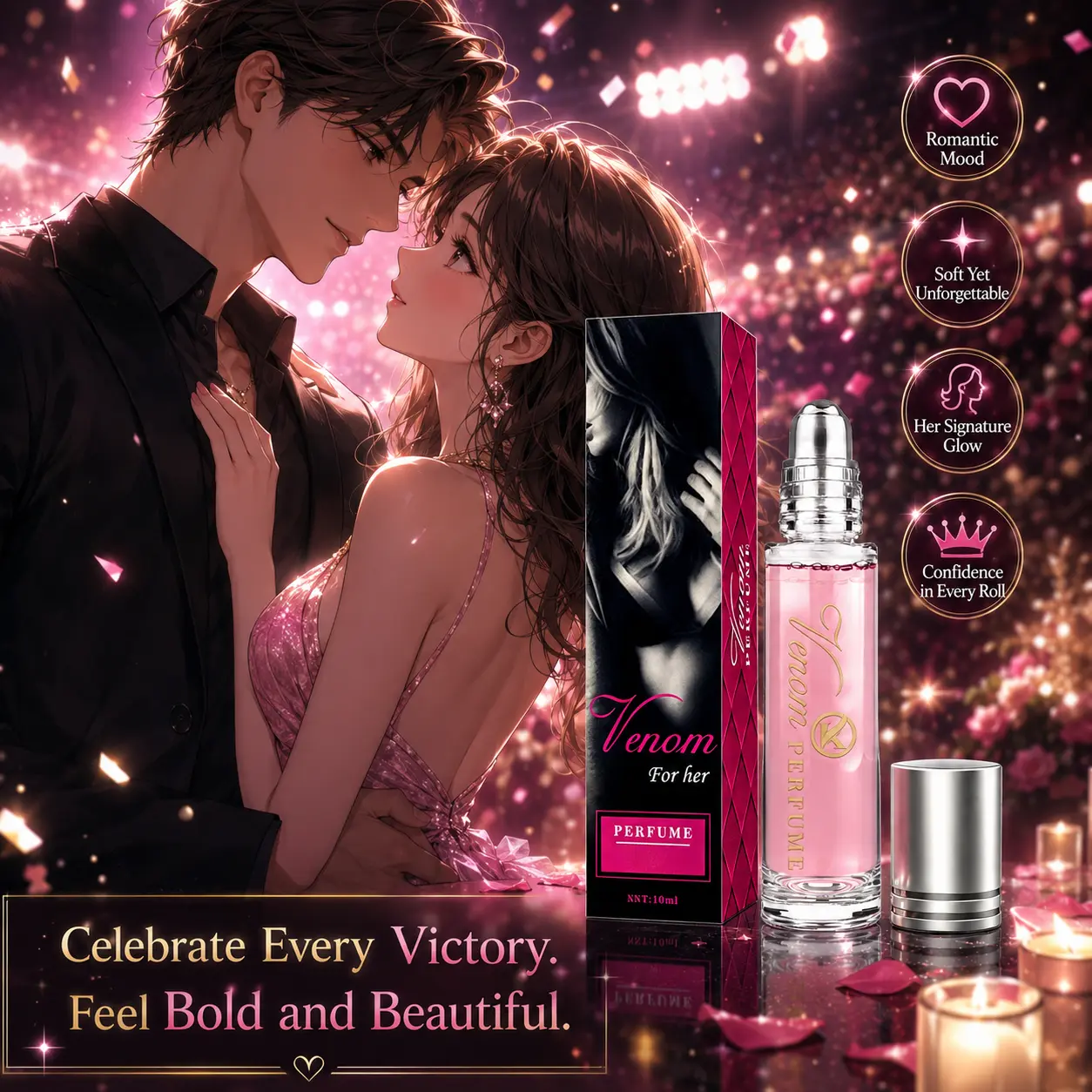 Venom Pheromone Roll On Perfume Oil for Women Eau de Parfum 10ml Long Lasting 24H Soft Floral Scent with Bergamot Pink Pepper Rose Jasmine Peony Vanilla White Musk Sandalwood for Date Night Daily Wear Travel Christmas Gift for Her delizia di marshmallow