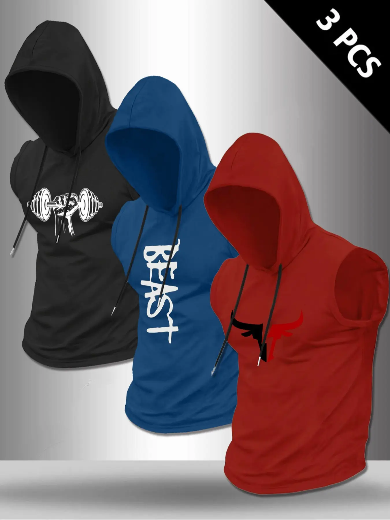 Men's Summer Street Style Hoodies, 3-Pack Graphic Print Bull Sleeveless Pullovers, Comfortable Breathable Casual Fitted Athletic Sportswear for Daily, Activewear, Casual Workout Tops