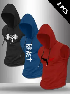 Men's Summer Street Style Hoodies, 3-Pack Graphic Print Bull Sleeveless Pullovers, Comfortable Breathable Casual Athletic Wear for Daily, Activewear