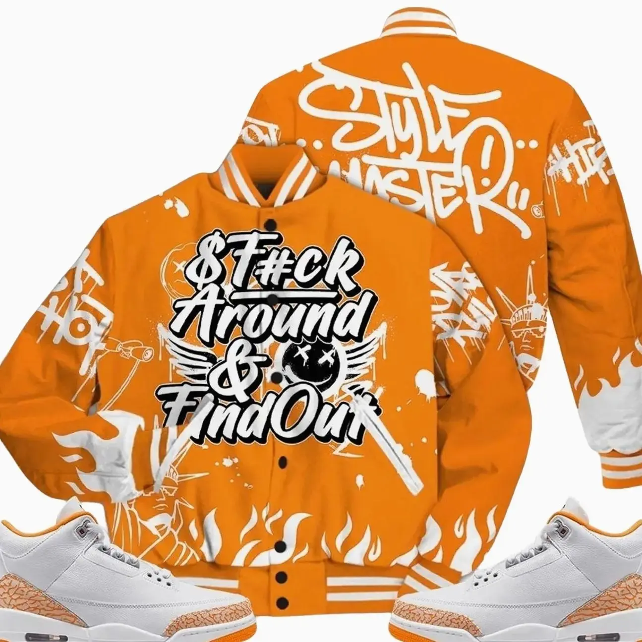 3 White Orange Peel Varsity Jacket, Orange Citrus 3s Outfit Graphic Meme Quote Shirts To Match Sneaker Streetwear