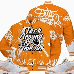 3 White Orange Peel Varsity Jacket, Orange Citrus 3s Outfit Graphic Meme Quote Shirts To Match Sneaker Streetwear