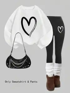 Women's Heart Print Sweatshirt & Skinny Pants Two-piece Set, Matching Clothing Set, Casual Fashion Cozy Round Neck Long Sleeve Pullover & Trousers for Daily Wear, Ladies Two-piece Outfits for All Seasons, Stretchy Outfit Sets
